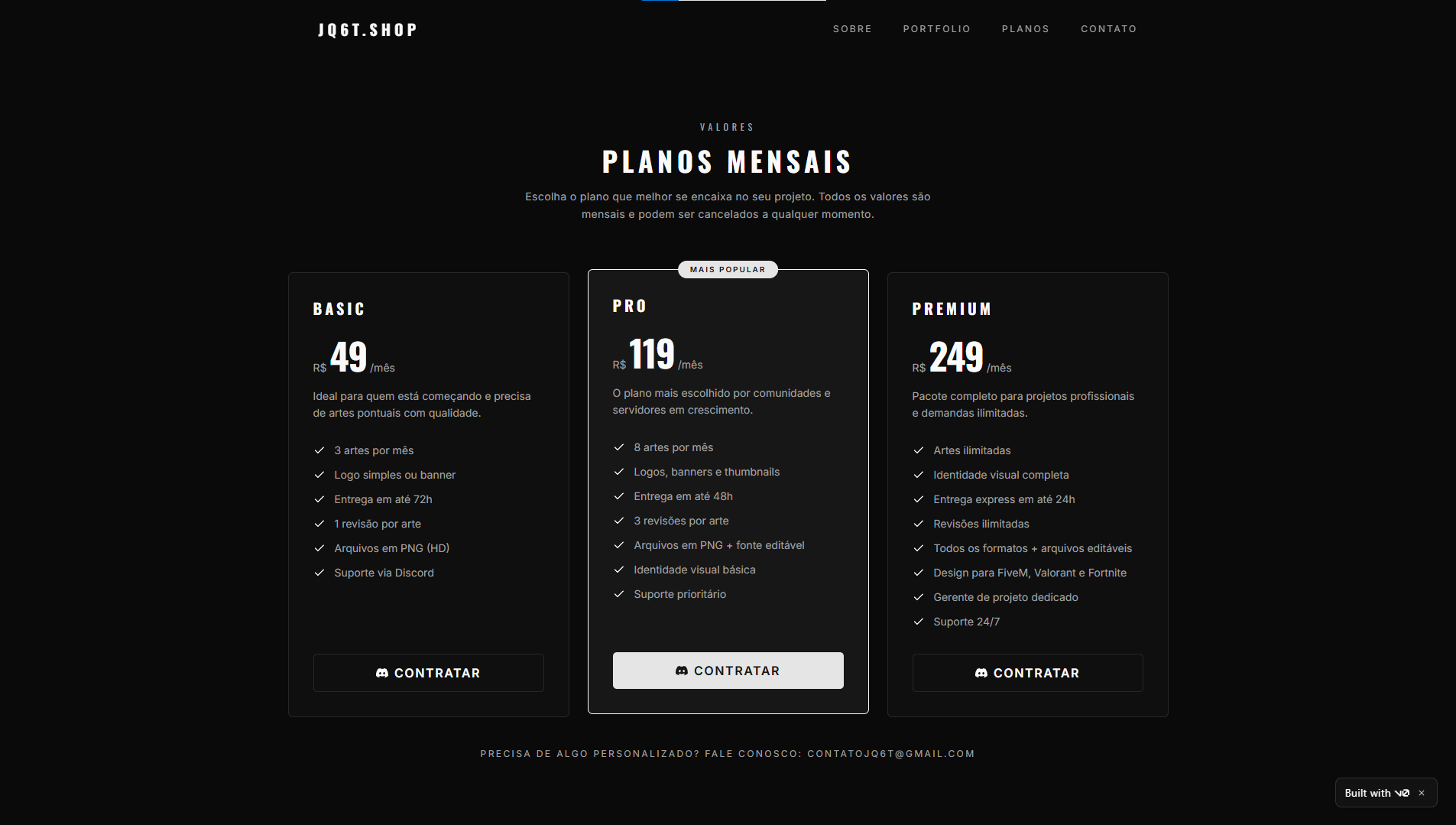 Planos mensais da loja: Basic, Pro e Premium