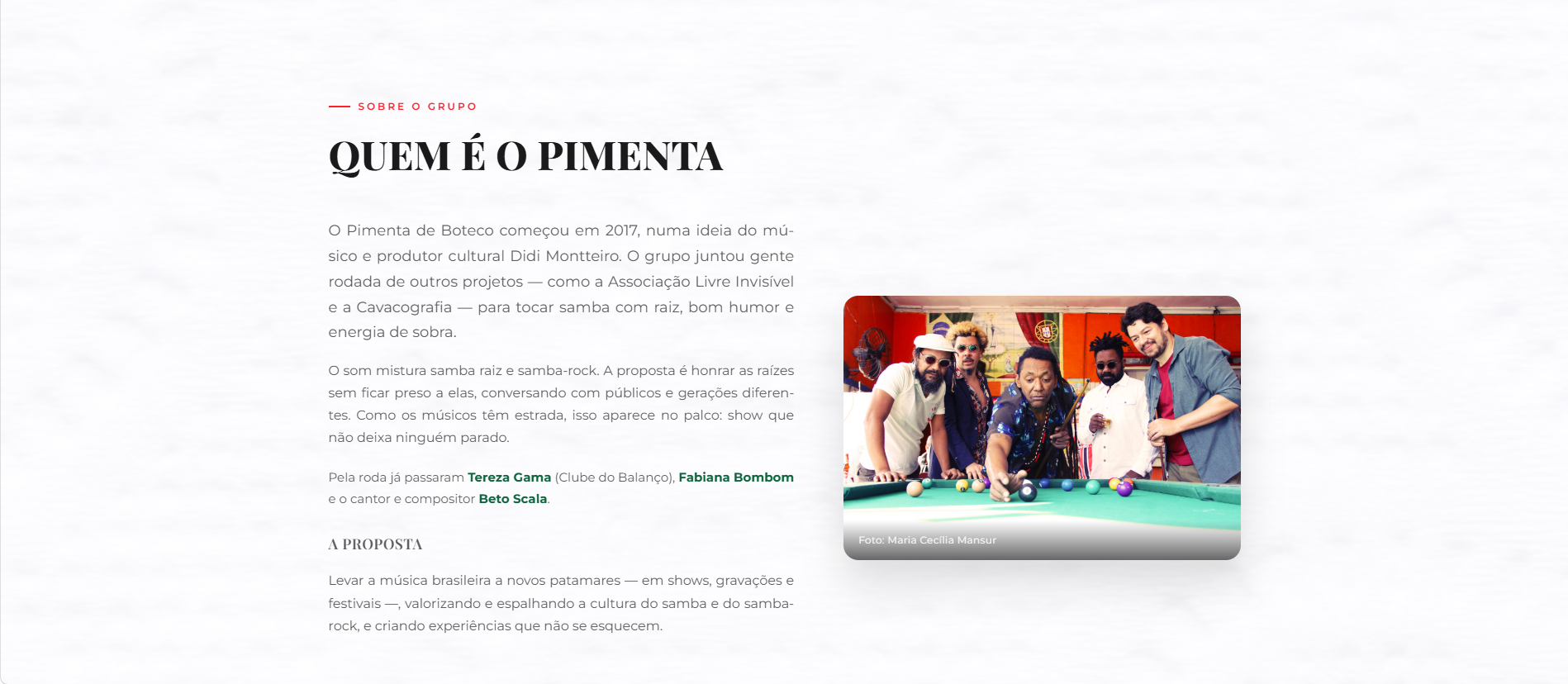 Seção de apresentação do Pimenta de Boteco